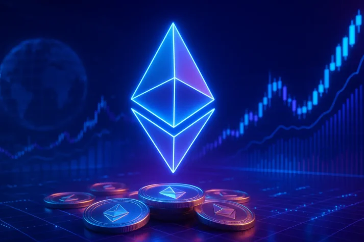 Ilustração 3D realista do logotipo do Ethereum com gráficos de mercado em alta e fundo digital futurista.