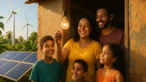 Família brasileira em casa simples com lâmpada acesa, painéis solares e turbinas eólicas ao fundo, simbolizando energia gratuita e sustentabilidade.