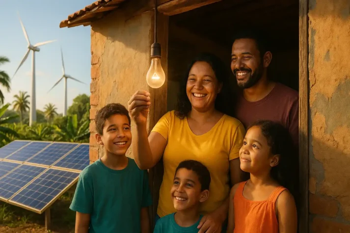 Família brasileira em casa simples com lâmpada acesa, painéis solares e turbinas eólicas ao fundo, simbolizando energia gratuita e sustentabilidade.