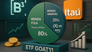 Cena 3D do ETF GOAT11, com elementos gráficos da B3 e Itaú, representando a combinação de renda fixa e variável em um fundo de investimentos.