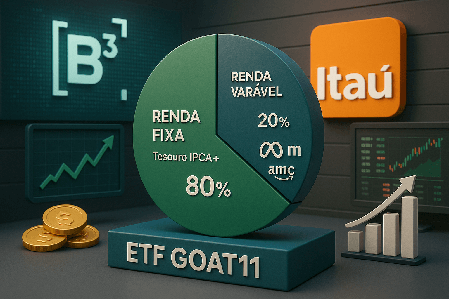Cena 3D do ETF GOAT11, com elementos gráficos da B3 e Itaú, representando a combinação de renda fixa e variável em um fundo de investimentos.