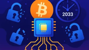 Chip quântico com o logo do Bitcoin e cadeados quebrados, com um relógio marcando 2033, representando a ameaça da computação quântica.