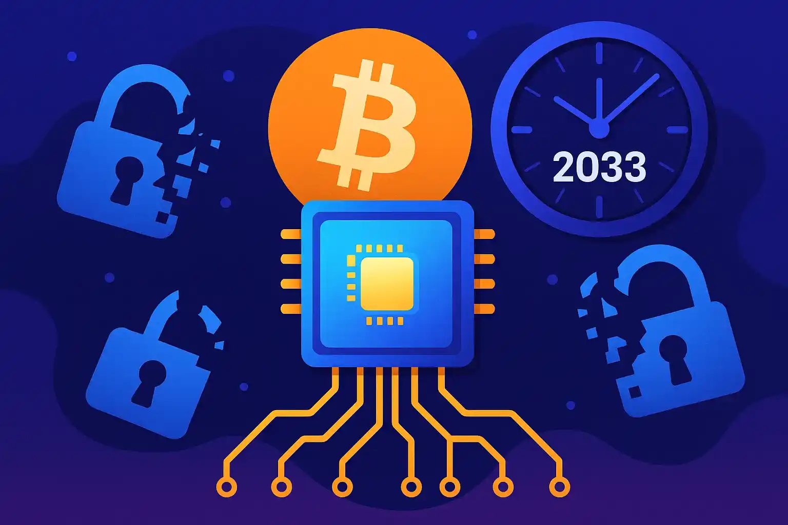 Chip quântico com o logo do Bitcoin e cadeados quebrados, com um relógio marcando 2033, representando a ameaça da computação quântica.