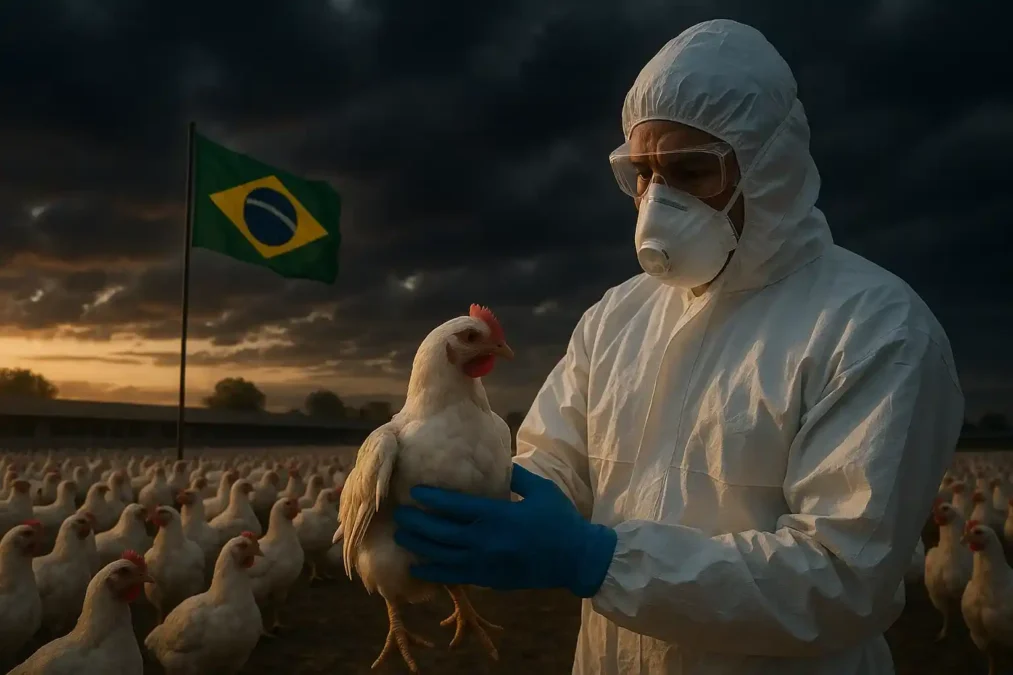 Veterinário em traje de biossegurança inspeciona aves em granja brasileira ao amanhecer, com nuvens escuras simbolizando a crise da gripe aviária.