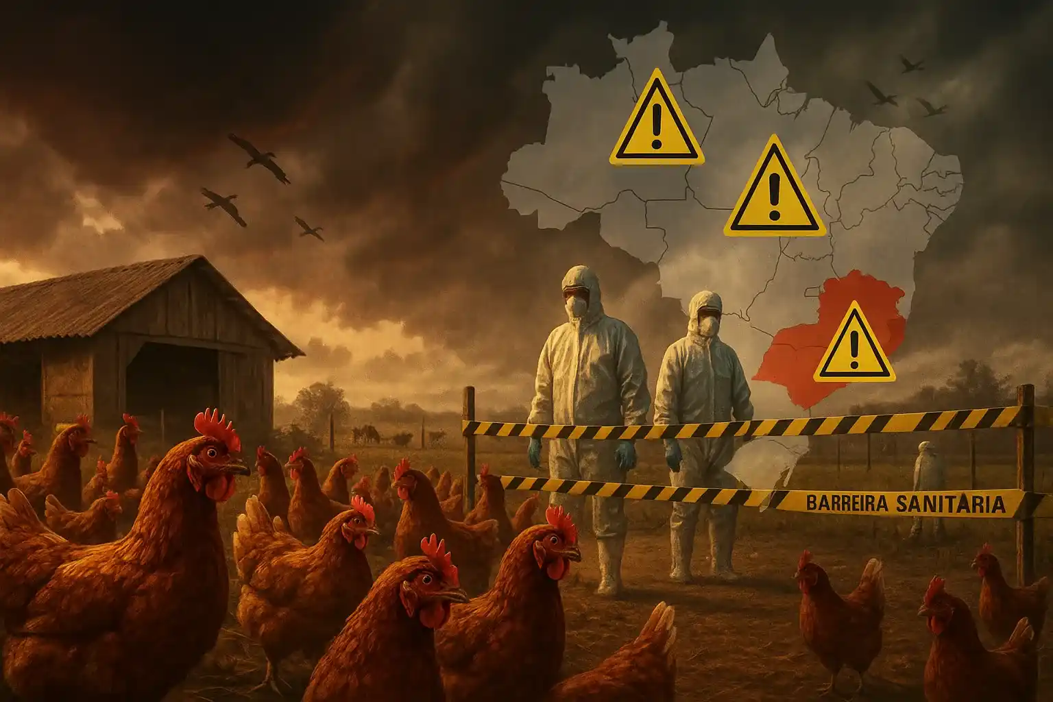 Granja no Brasil com barreira sanitária e mapa destacando o Rio Grande do Sul, simbolizando o surto de gripe aviária em 2025.
