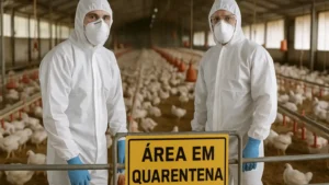 Fotografia de trabalhadores com equipamentos de proteção na granja avícola de Montenegro, RS, sob quarentena por gripe aviária.