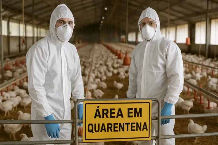 Fotografia de trabalhadores com equipamentos de proteção na granja avícola de Montenegro, RS, sob quarentena por gripe aviária.