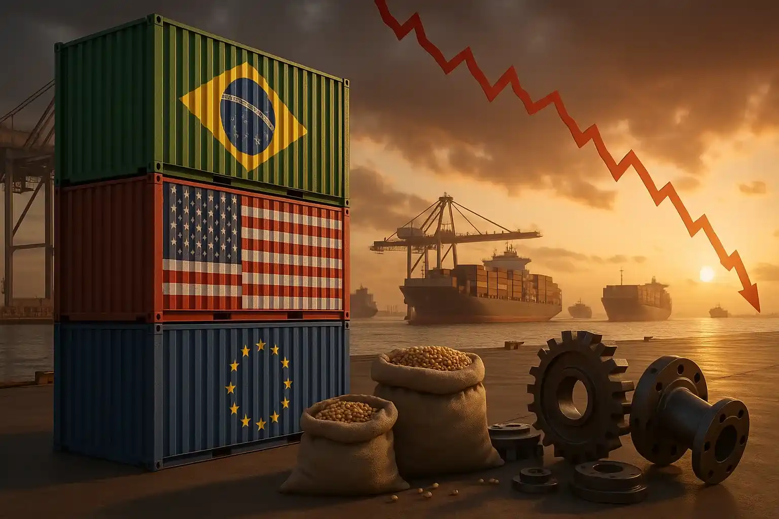 Porto brasileiro com contêineres, bandeiras do Brasil, EUA e UE, e gráfico de mercado em queda, simbolizando a guerra comercial de Trump.