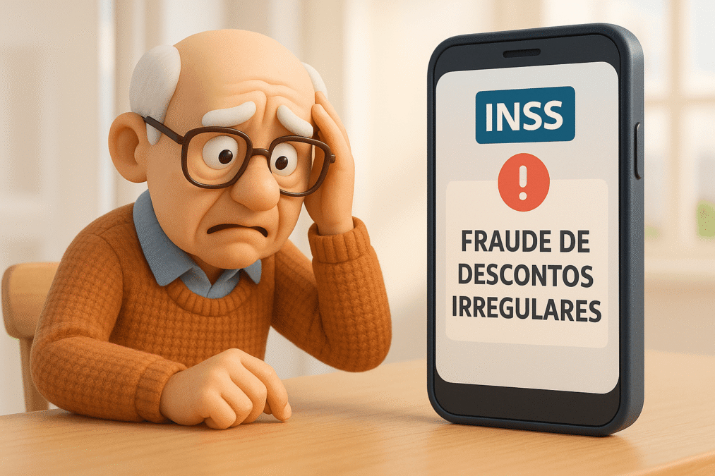 Idoso preocupado olhando notificação do INSS sobre fraude de descontos irregulares no smartphone.