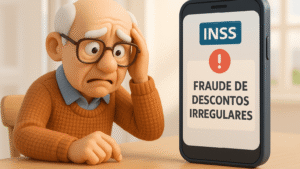 Idoso preocupado olhando notificação do INSS sobre fraude de descontos irregulares no smartphone.