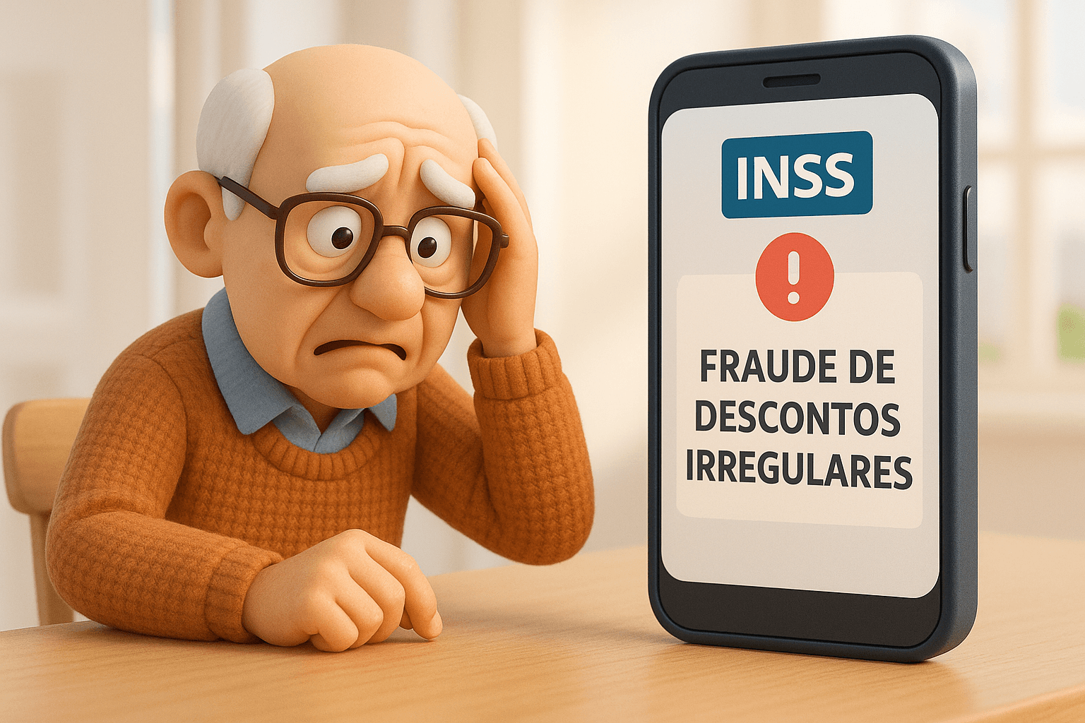 Idoso preocupado olhando notificação do INSS sobre fraude de descontos irregulares no smartphone.