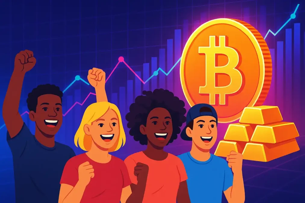 Ilustração de uma moeda Bitcoin brilhante ao lado de barras de ouro com jovens americanos em primeiro plano, simbolizando a mudança de ativos tradicionais para digitais.