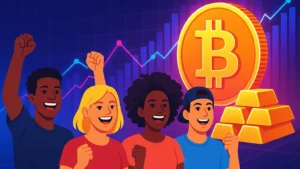 Ilustração de uma moeda Bitcoin brilhante ao lado de barras de ouro com jovens americanos em primeiro plano, simbolizando a mudança de ativos tradicionais para digitais.