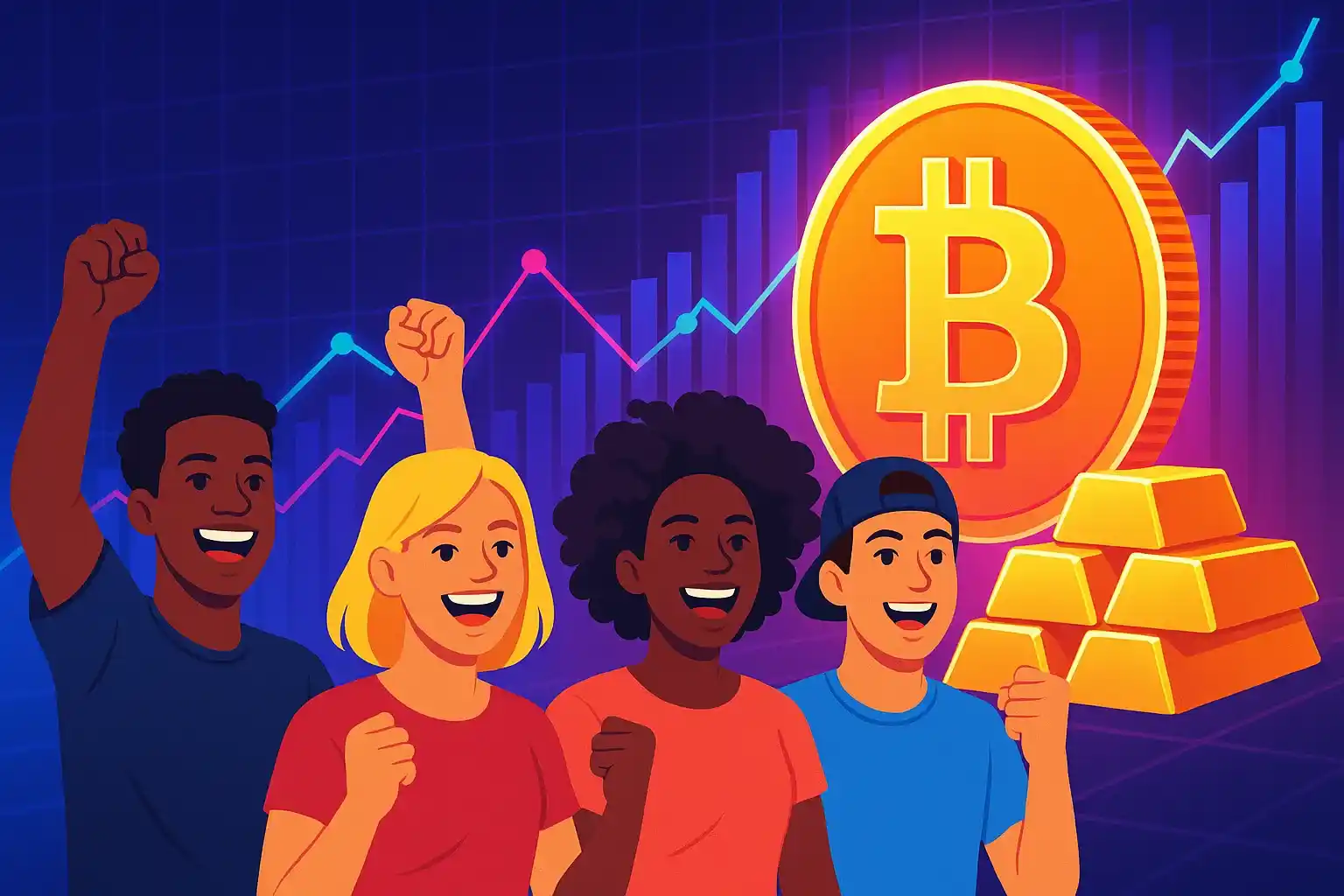 Ilustração de uma moeda Bitcoin brilhante ao lado de barras de ouro com jovens americanos em primeiro plano, simbolizando a mudança de ativos tradicionais para digitais.