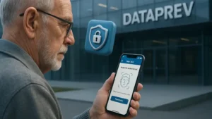 Idoso usa aplicativo Meu INSS com biometria facial, ao fundo sede da Dataprev e cofre digital.