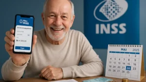 Idoso sorrindo verifica reembolso no aplicativo Meu INSS com documentos e calendário ao fundo.