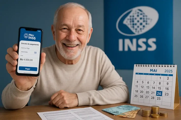 Idoso sorrindo verifica reembolso no aplicativo Meu INSS com documentos e calendário ao fundo.