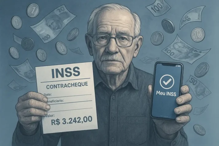Idoso com contracheque do INSS e moedas flutuando, representando a devolução de R$ 292 milhões fraudados.
