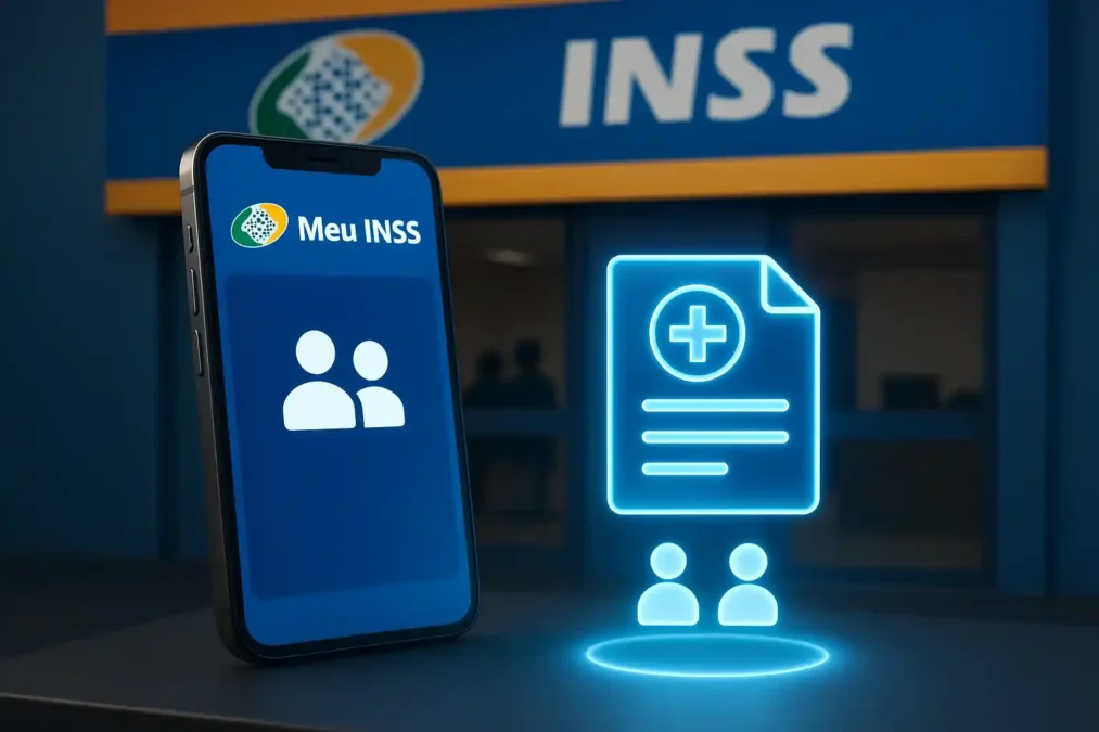 Smartphone com Meu INSS e documento holográfico, ao fundo agência do INSS.