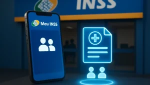 Smartphone com Meu INSS e documento holográfico, ao fundo agência do INSS.