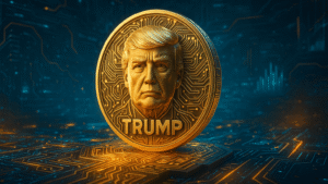 Memecoin com o rosto do presidente Donald Trump em estilo 3D futurista, com detalhes dourados e elementos digitais de IA.