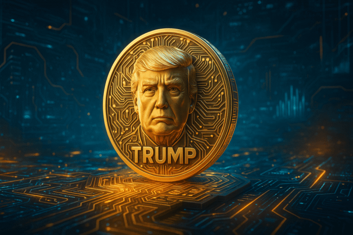 Memecoin com o rosto do presidente Donald Trump em estilo 3D futurista, com detalhes dourados e elementos digitais de IA.