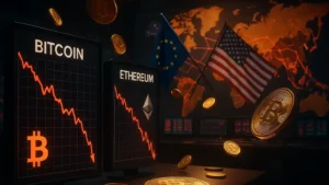 Bolsa de valores com gráficos de Bitcoin e Ethereum caindo, bandeiras da UE e EUA em conflito ao fundo, simbolizando a guerra comercial de Trump.