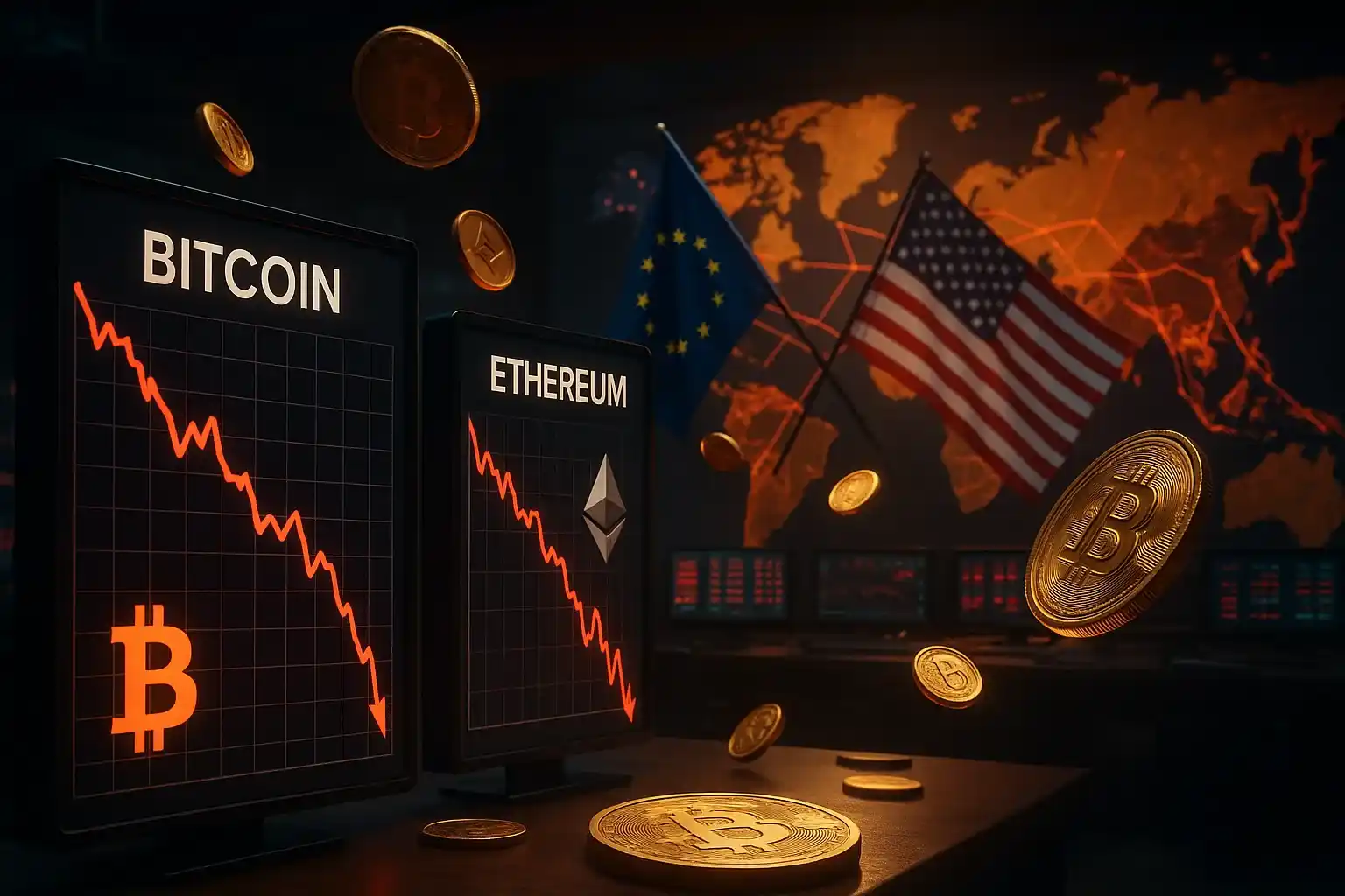 Bolsa de valores com gráficos de Bitcoin e Ethereum caindo, bandeiras da UE e EUA em conflito ao fundo, simbolizando a guerra comercial de Trump.
