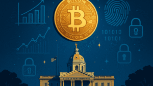 Representação simbólica da aprovação da lei em New Hampshire que autoriza o investimento do tesouro estadual em Bitcoin, com elementos de segurança e gráficos financeiros.