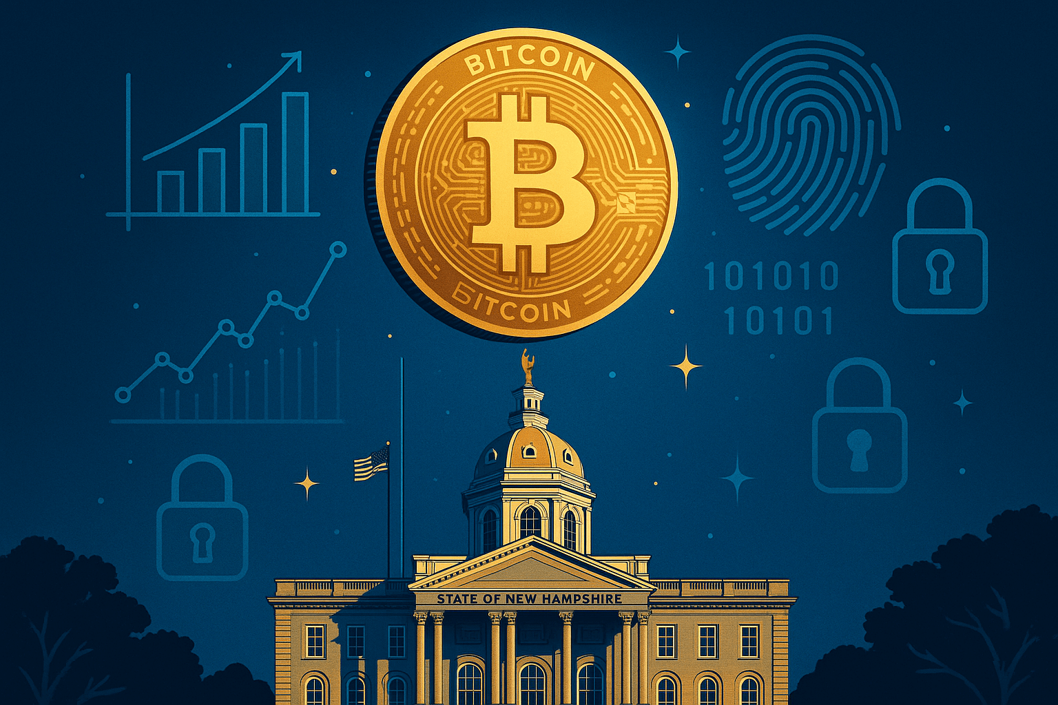 Representação simbólica da aprovação da lei em New Hampshire que autoriza o investimento do tesouro estadual em Bitcoin, com elementos de segurança e gráficos financeiros.