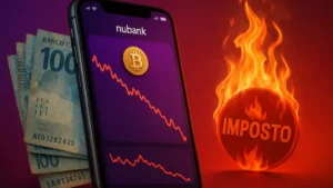 Smartphone com app do Nubank mostrando gráfico de Bitcoin caindo, notas de Real e símbolo de imposto em chamas, representando aumento de taxas por IOF.