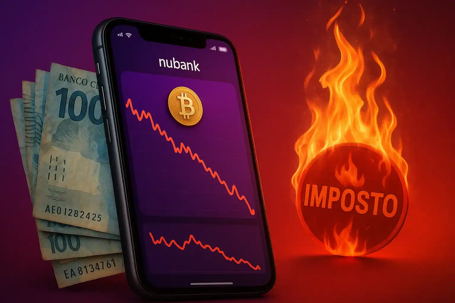 Smartphone com app do Nubank mostrando gráfico de Bitcoin caindo, notas de Real e símbolo de imposto em chamas, representando aumento de taxas por IOF.