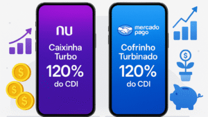 Comparativo entre Nubank e Mercado Pago destacando rendimento de 120% do CDI.