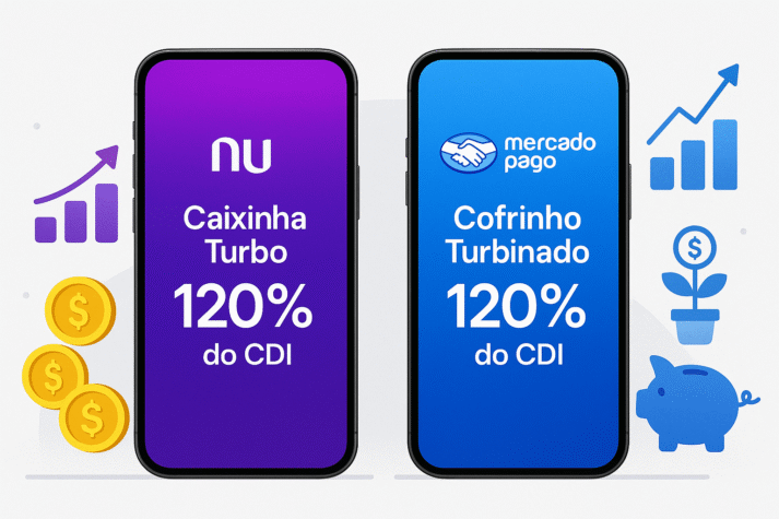Comparativo entre Nubank e Mercado Pago destacando rendimento de 120% do CDI.
