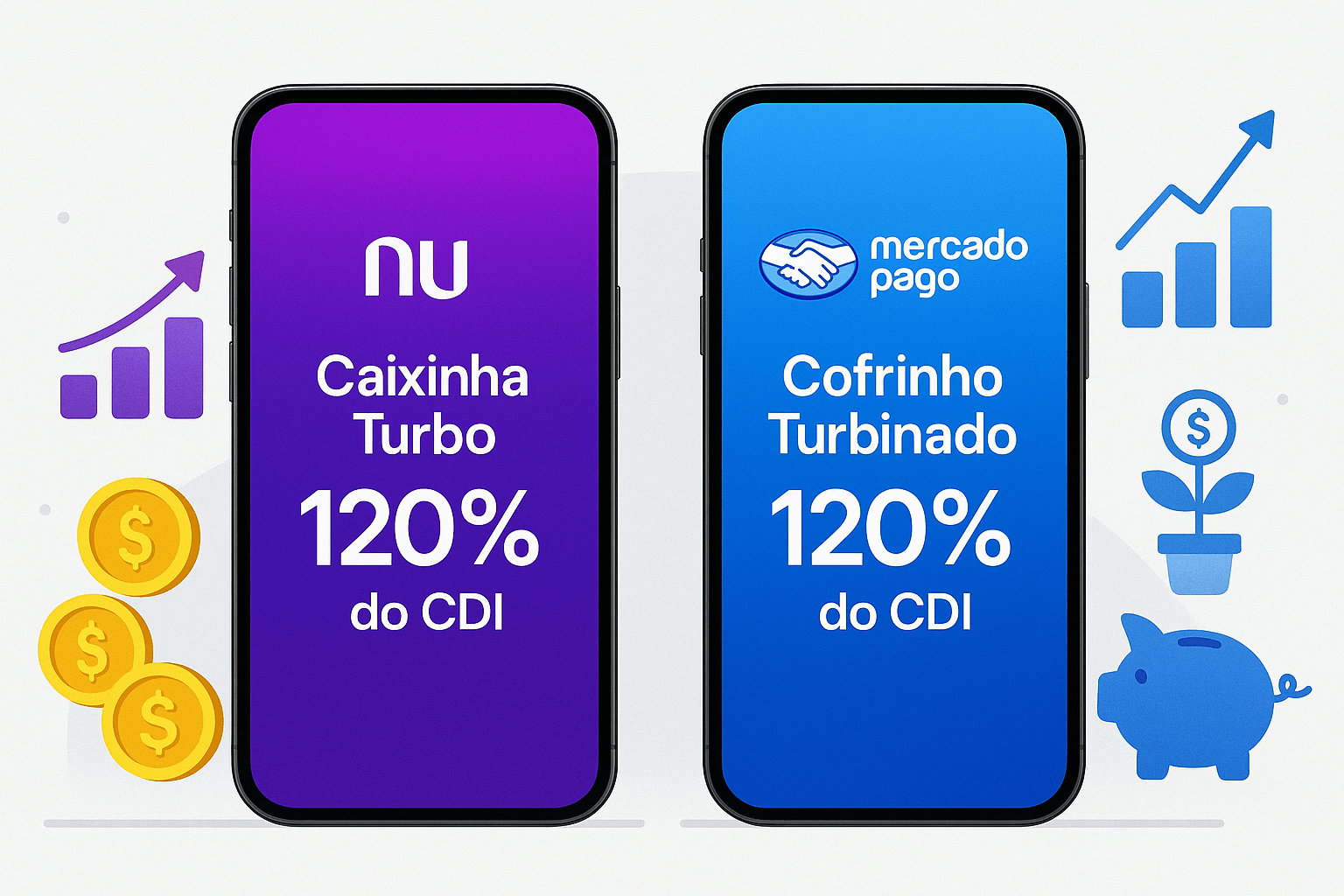 Comparativo entre Nubank e Mercado Pago destacando rendimento de 120% do CDI.
