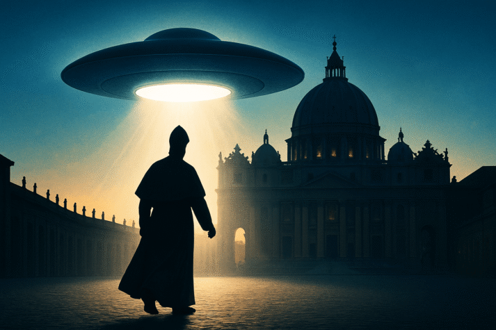 Silhueta de um papa caminhando em direção a um OVNI brilhante suspenso sobre o Vaticano à noite, com a Basílica de São Pedro ao fundo.