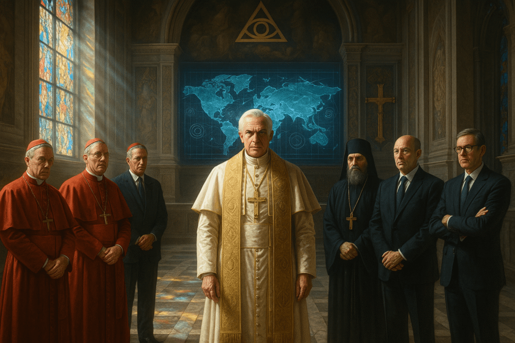 Papa Leão XIV em uma cena simbólica, cercado por líderes globais em um salão iluminado do Vaticano, sugerindo influência internacional da Igreja.
