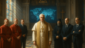 Papa Leão XIV em uma cena simbólica, cercado por líderes globais em um salão iluminado do Vaticano, sugerindo influência internacional da Igreja.