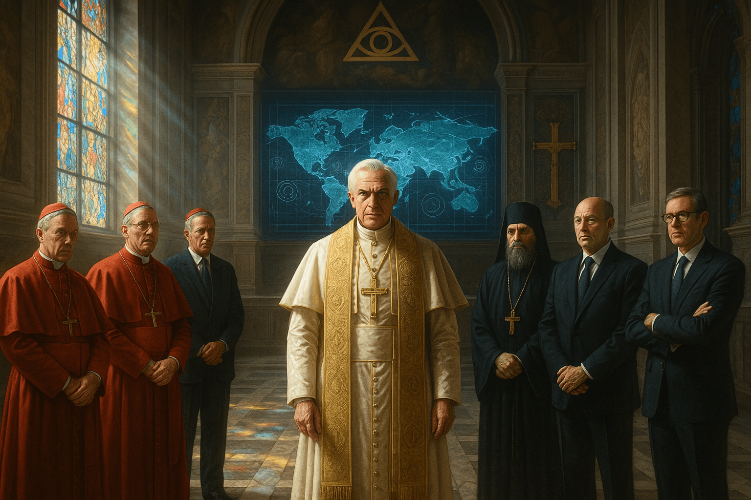 Papa Leão XIV em uma cena simbólica, cercado por líderes globais em um salão iluminado do Vaticano, sugerindo influência internacional da Igreja.