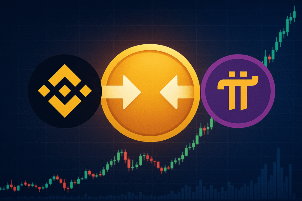 Imagem ilustrativa da possível listagem da Pi Network na Binance, com gráficos e ícones representando ambas as criptomoedas.