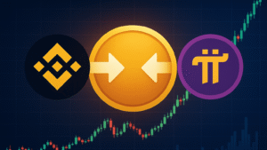 Imagem ilustrativa da possível listagem da Pi Network na Binance, com gráficos e ícones representando ambas as criptomoedas.