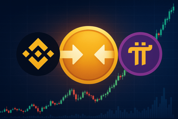 Imagem ilustrativa da possível listagem da Pi Network na Binance, com gráficos e ícones representando ambas as criptomoedas.