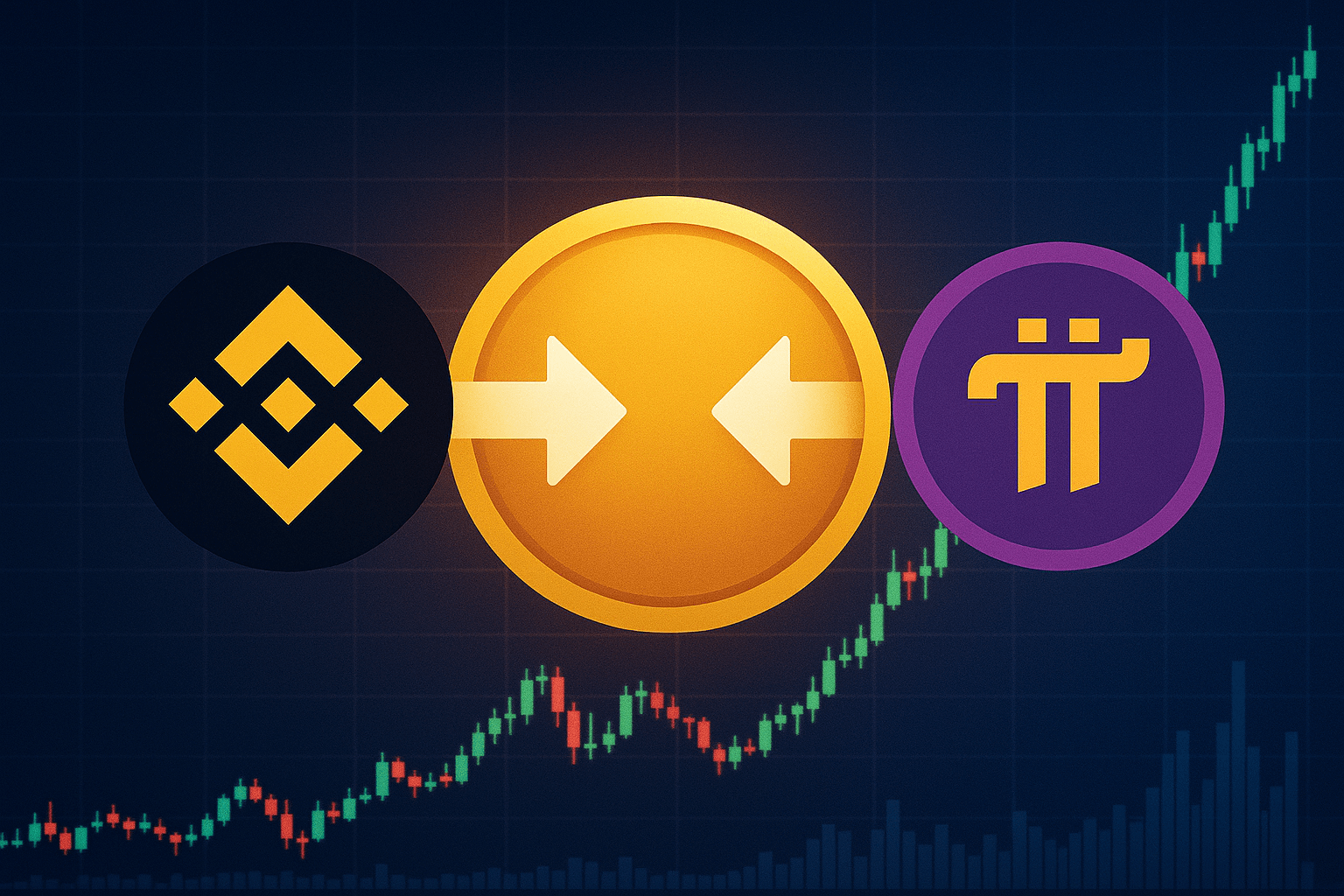 Imagem ilustrativa da possível listagem da Pi Network na Binance, com gráficos e ícones representando ambas as criptomoedas.