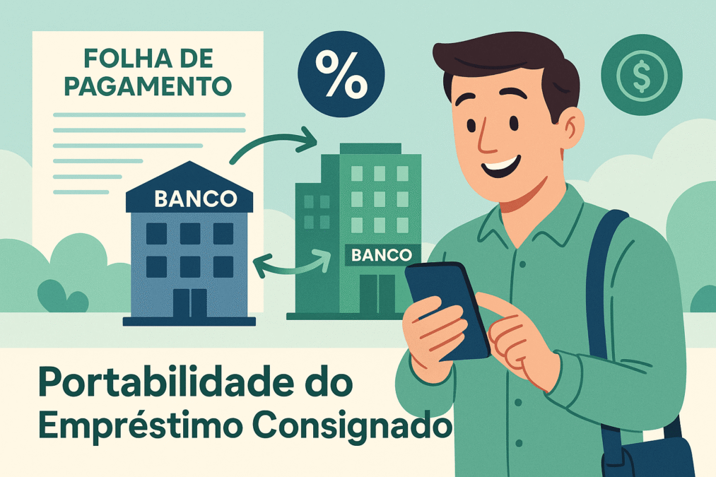 Trabalhador CLT transferindo empréstimo consignado para outro banco usando aplicativo de celular, representando a portabilidade do consignado em 2025.