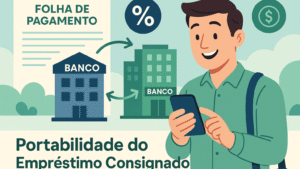 Trabalhador CLT transferindo empréstimo consignado para outro banco usando aplicativo de celular, representando a portabilidade do consignado em 2025.