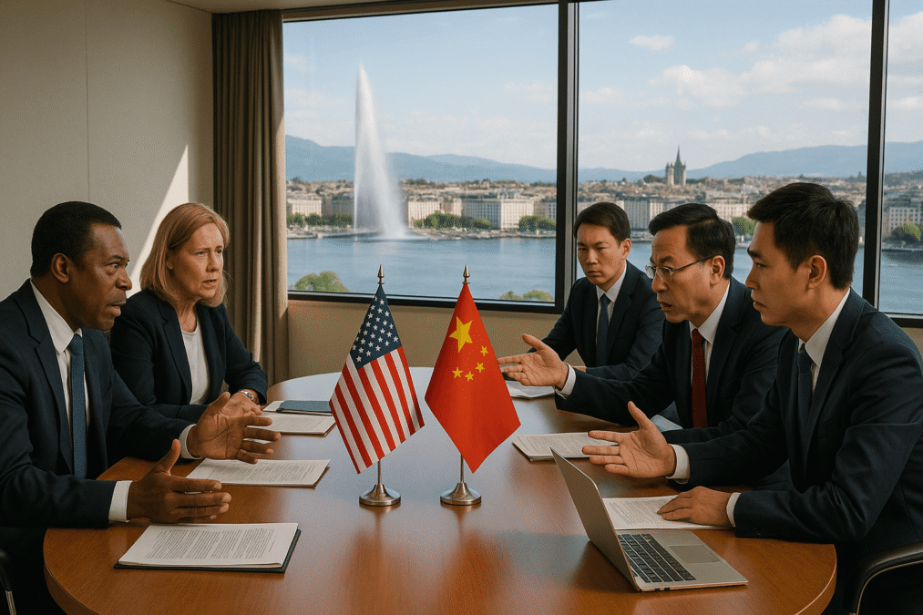 Representantes dos EUA e da China participando de uma reunião diplomática em Genebra, discutindo acordos comerciais e econômicos, com bandeiras dos dois países visíveis na mesa.