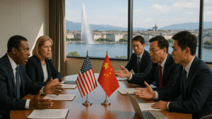 Representantes dos EUA e da China participando de uma reunião diplomática em Genebra, discutindo acordos comerciais e econômicos, com bandeiras dos dois países visíveis na mesa.