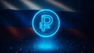Símbolo digital do rublo flutuando sobre um fundo tecnológico com a bandeira da Rússia ao fundo.