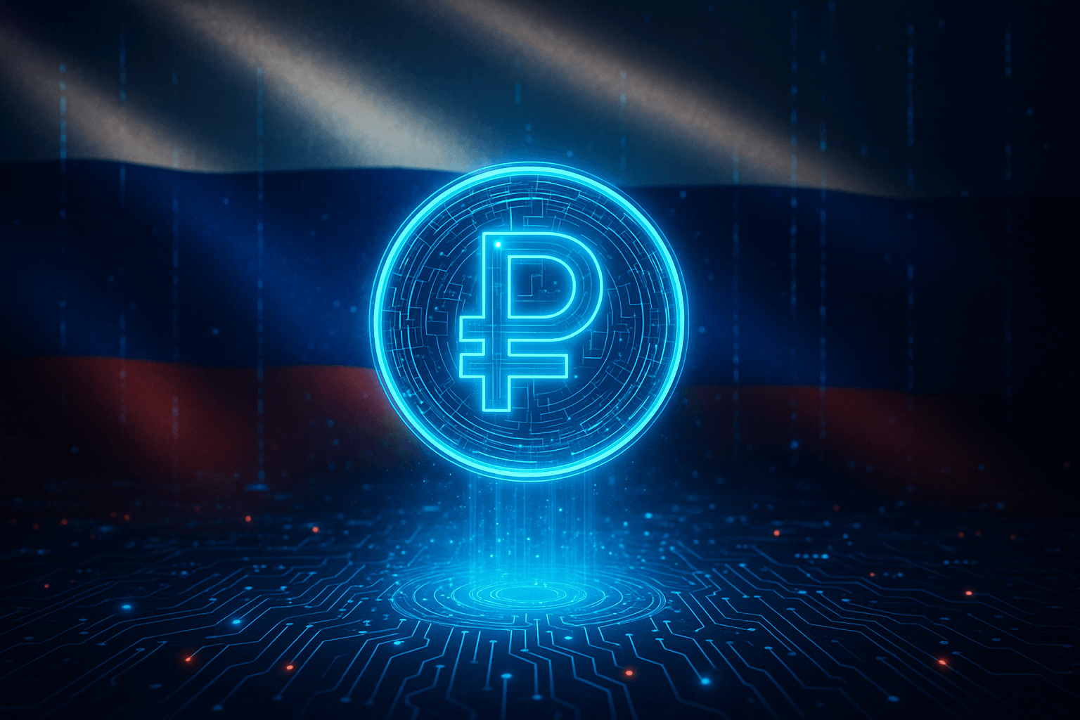 Símbolo digital do rublo flutuando sobre um fundo tecnológico com a bandeira da Rússia ao fundo.