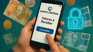 Pessoa acessando o site do Banco Central em um smartphone para resgatar valores esquecidos em Real Brasileiro, com notas de Real e cadeado de segurança.